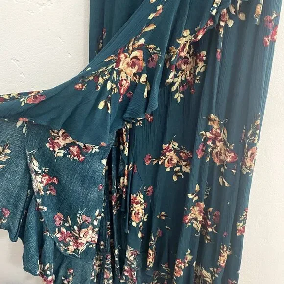 Xhilaration | Teal Floral Maxi Dress Flutter Sleeves Faux Wrap - Picture 6 of 9